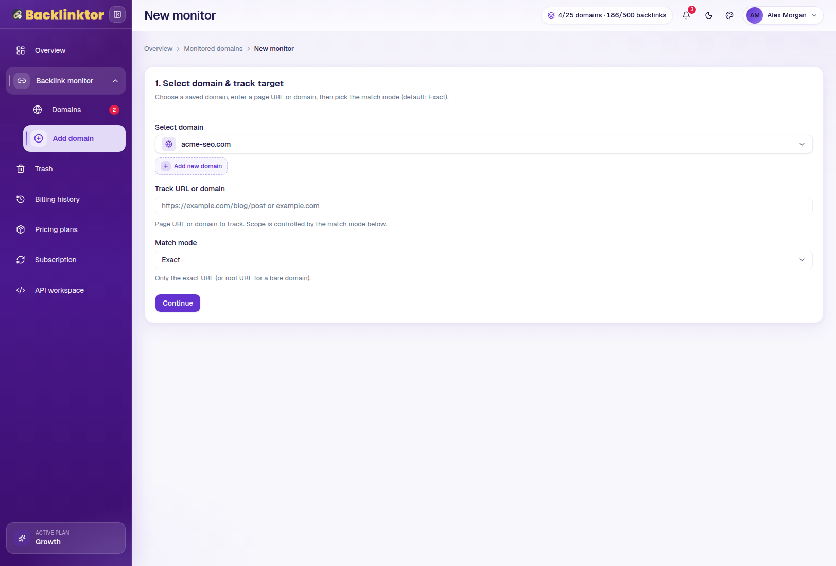 Backlinktor add domain and backlink discovery screen