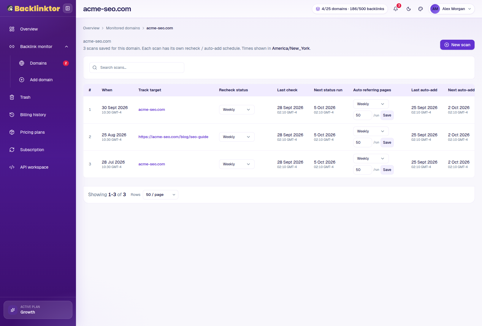 Backlinktor domain detail view with targets and schedules