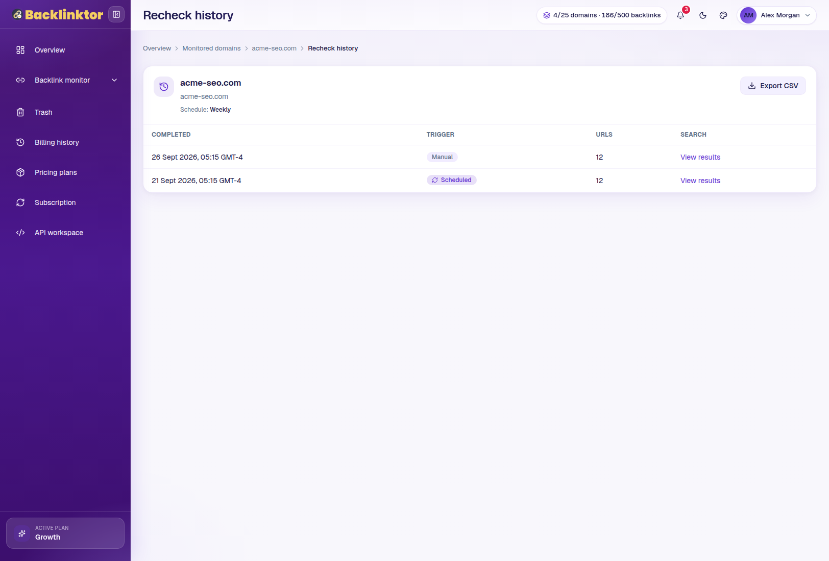 Backlinktor recheck history interface